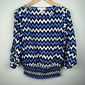 MICHAEL KORS Women Zigzag Print Smocked Waist Long Sleeve Top Size‎ S